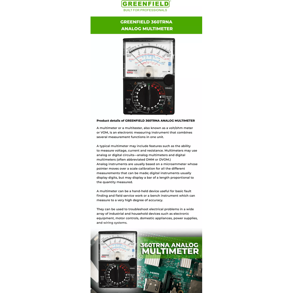 Greenfield 360TRNA Analog Multimeter / Tester | Greenfield by KHM Megatools Corp. Greenfield 360TRNA Analog Multimeter / Tester | Greenfield by KHM Megatools Corp.